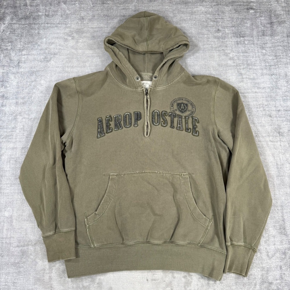 Aeropostale Sweatshirt Mens Large Green Quarter Zip Hoodie Distressed Logo Y2K